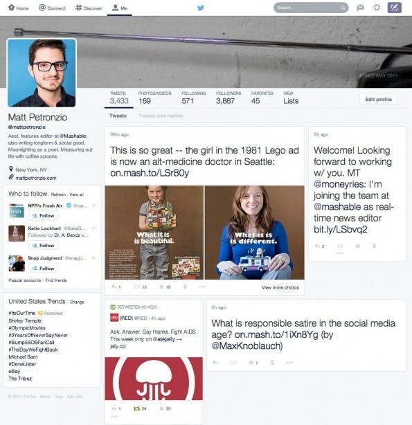 Die neue Twitter-Profilseite erinnert stark an eine Mischung aus Facebook und Google+. (Quelle: mashable.com)