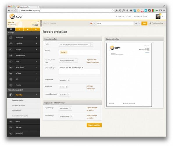 Xovi Suite: Hier lassen sich per Mausklick eigene Reportings erstellen. (Screenshot: xovi.net)