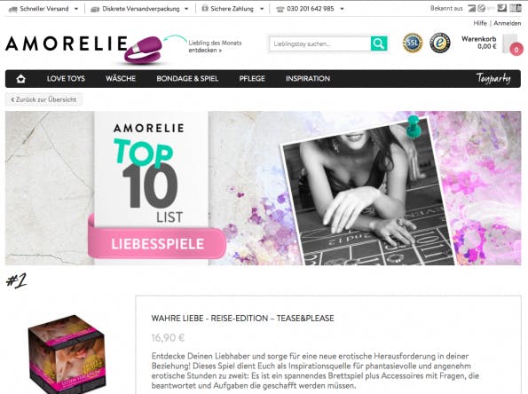 Mit Bestsellerlisten und einem Toy-Finder bietet Amorelie Orientierung für Neueinsteiger. (Screenshot: amorelie.de)