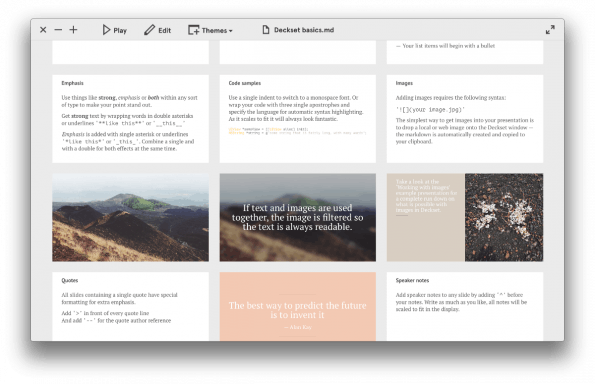 Einfacher zur fertigen Präsentation als mit PowerPoint oder Keynote und trotzdem schick: Deckset bietet zum Start sieben unterschiedliche Themes. (Bild: Deckset)