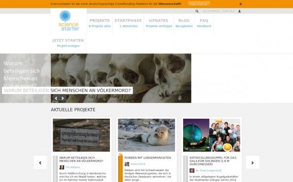 Auf Science Starter können Fans Forschungsprojekte anschieben und zum Beispiel exklusive Führungen ergattern. (Screenshot: t3n)