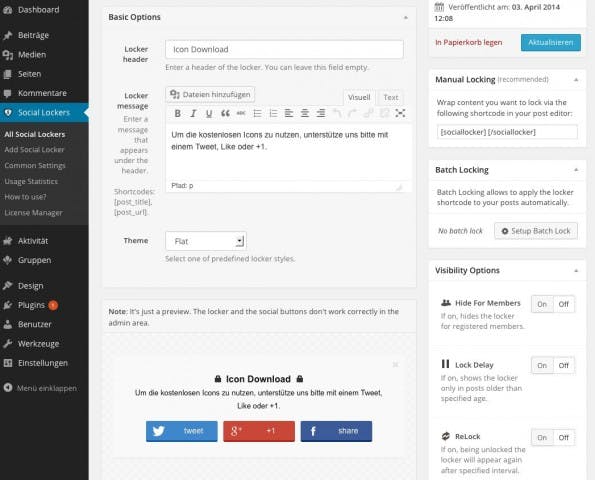 Ausreichend Möglichkeiten zur Individualisierung für Social Locker. (Screenshot: eigene WordPress-Installation)