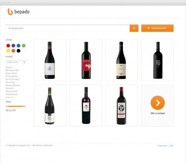 Bepado setzt auf eine bildorientierte Suche, die beispielsweise auch Filter für eine Produktsuche nach Farben bietet. (Bild: Bepado)