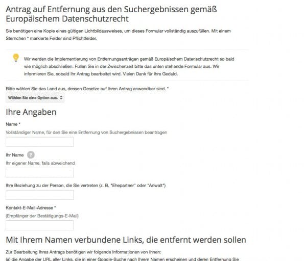 Wer das Google-Löschformular ausfüllt, kann beantragen, dass bestimmte Suchergebnisse entfernt werden. (Screenshot: Google)