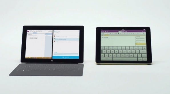 Ein Split-Screen-Modus zum Multitasking wäre eine willkommene Funktion in iOS 8. Microsoft weist diesbezüglich gerne auf die Unterschiede zwischen iPad und Surface-Tablet hin. (Bild: Microsoft Canada, Youtube)