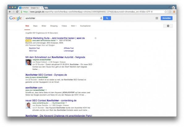 Die aktuellen Top-Rankings zum Keyword „Xovilichter“. (Screenshot: google.de)