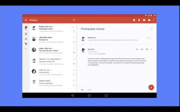 Das neue „Material Design“ von Google wird auch auf die Gmail-App angewendet. (Screenshot: youtube.com)
