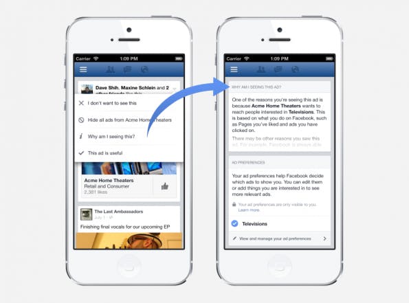 Mit dem neuen Feature namens Ad Preferences sollen Nutzer auswählen können, welche Facebook-Werbung für sie relevant ist und welche sie nicht mehr angezeigt bekommen möchten. (Bild: Facebook)