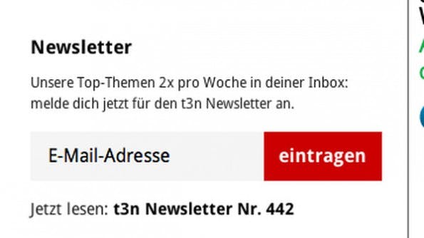 Call to Action: Besucher sollten sich schnell und unkompliziert für euren Newsletter eintragen können. (Screenshot: t3n)