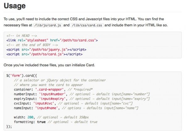 So funktioniert der Einsatz von Card: Der Weg zum animierten Kreditkarten-Formular. (Screenshot: Github/card)