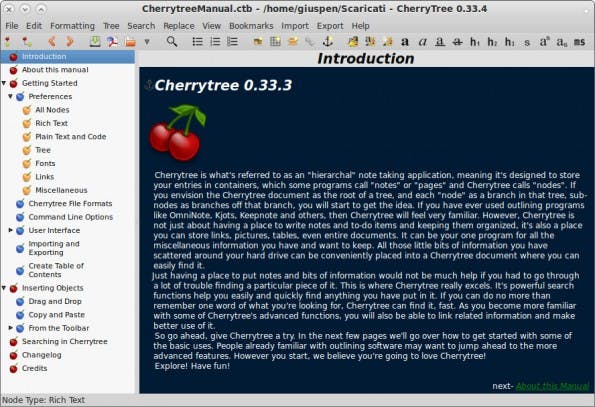 Content Marketing: Cherrytree eignet sich hervorragend zum Erfassen und Organisieren von Notizen. (Screenshot: Cherrytree)