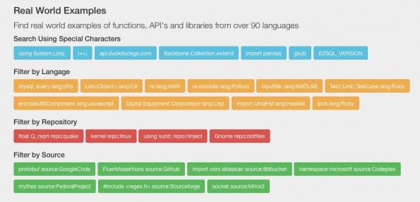 Die verschiedenen Filtermöglichkeiten inklusive Beispiele sind auf der Startseite von searchcode zu finden. (Screenshot: searchcode)