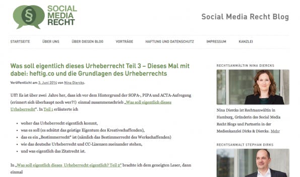 t3n-Blogperlen – Social Media #1: „Social Media Recht Blog“.