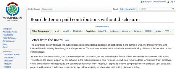 Die Ankündigung der Richtlinien-Änderungen durch die Wikimedia Foundation, die unter anderem bezahlte Wikipedia-Autoren betreffen. (Screenshot: Wikimedia)