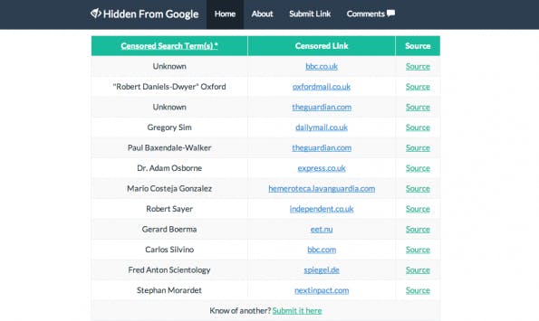 Digitales Vergessen: Archiv aller gelöschten Artikel aus der Google-Suche. (Screenshot: HiddenFromGoogle.com)