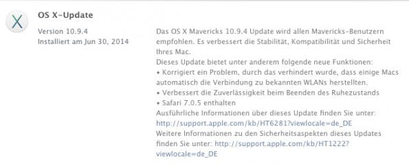 Der Changelog von Apple Mac OS 10.9.4 ist überschaubar. Hauptsächlich wird ein WLAN-Bug adressiert. (Screenshot: App Store)