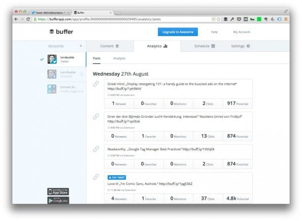 Buffer bietet im Vergleich nur grobe Zahlen. (Screenshot: bufferapp.com)
