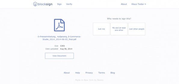BlockSign hinterlegt digitale Signaturen im Bitcoin-Blockchain. (Screenshot: BlockSign)
