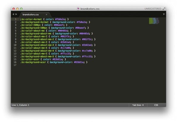 BrandColors ermöglicht den Export aller Farben oder der Farben der eigenen Kollektion. Ob als SCSS, LESS oder wie hier normales CSS kann der Nutzer dabei auswählen. (Screenshot: Sublime Text)