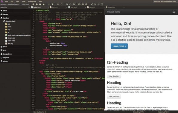 Codeanywhere hat standardmäßig eine dreispaltige Ansicht: links der File-Explorer, in der Mitte der Code-Editor, rechts die Vorschau. (Screenshot: Codeanywhere)