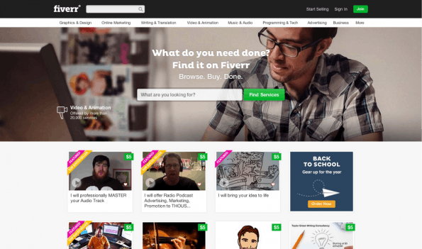Fiverr vermittelt digitale Mini-Jobs ab fünf Euro. Vor allem Kreativarbeiten werden hier von Menschen aus aller Welt angeboten. (Screenshot: t3n)