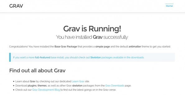 Sofort nach dem Entpacken einsatzbereit: Das CMS Grav. (Screenshot: Eigene Grav-Installation)