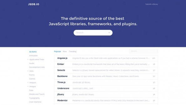 JSDB.io bietet eine praktische Übersicht über JavaScript-Libraries-, -Plugins und -Frameworks. (Screenshot: JSDB.io)