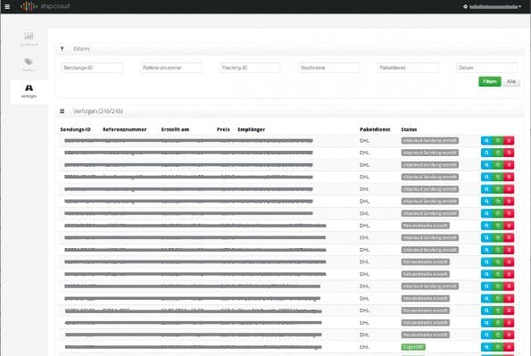 Die Übersicht über die aktuellen Sendungen. (Screenshot: Shipcloud)