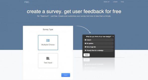 Simpel und schick: Anders als andere Tools für Online-Umfragen kann mit dem Freesurveycreator nur eine Frage erstellt werden, die in die eigene Website eingebunden wird. (Screenshot: freesurveycreator.com)