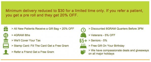 Rabatte und Sonderaktionen beim Bestellen von Marihuana in San Francisco. (Screenshot: medithrive.com)