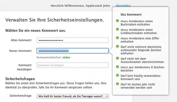 Apple iCloud: Ihr solltet ein möglichst sicheres Passwort für euren Account festlegen. (Screenshot: Apple)
