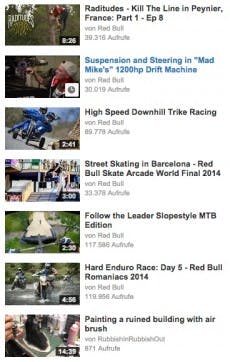 Der clevere Einsatz von Tags sorgt dafür, dass in der Sidebar eines Videos von Red Bull fast ausschließlich eigene Inhalte empfohlen werden. (Screenshot: youtube.com)