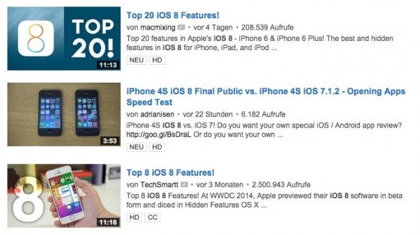 Drei Videos zum Thema „iOS 8“. Gut zu sehen: die umbrechenden Titel sowie die angereicherten Vorschaubilder. (Screenshot: youtube.com)