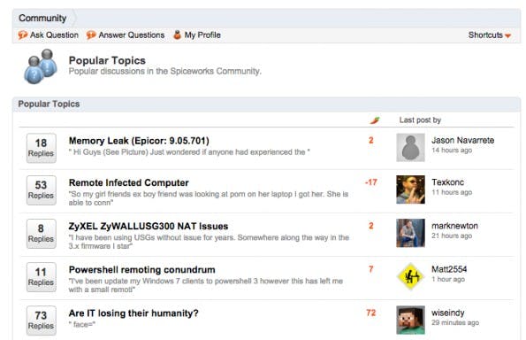 In zahlreichen Foren können sich die Nutzer über Themen und aktuelle Probleme in ihrem Job-Alltag austauschen. (Screenshot: Spiceworks)