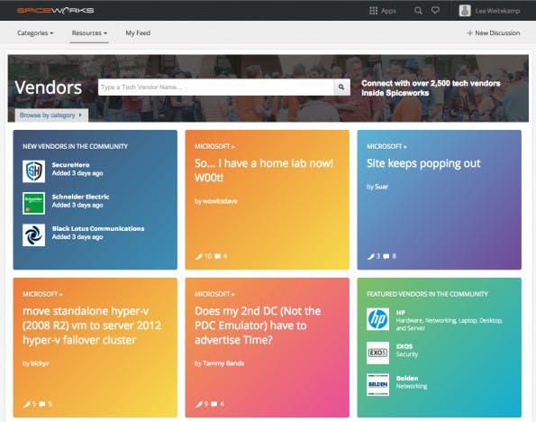 Bei Spiceworks treten IT-Hersteller wie Microsoft ganz offen als „Vendor Partner“ auf. (Screenshot: Spiceworks)