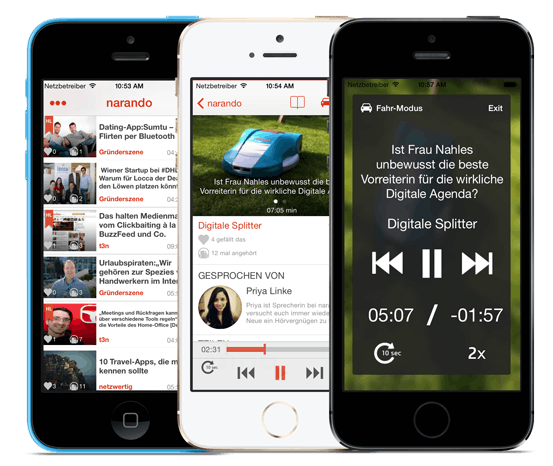 Die Narando-App bündelt alle Artikel, die du hören möchtest. Der Fahr-Modus vereinfacht die Bedienung im Auto.