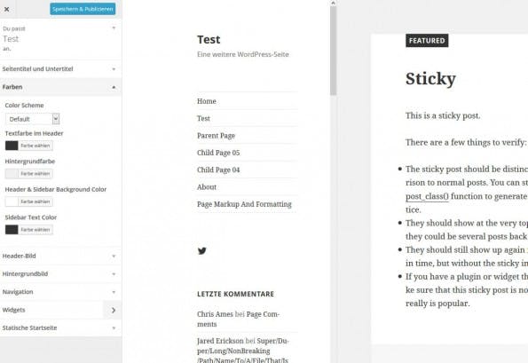 Anpassungs-Möglichkeiten von Twenty Fifteen im Theme Customizer. (Screenshot: WordPress-Make-Blog)