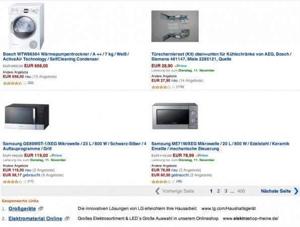 Neben Werbeanzeigen wie den „gesponsorten Links“, hier unten Links im Bild, will Amazon zukünftig auch Werbeplätze auf externen Websiten vermarkten.