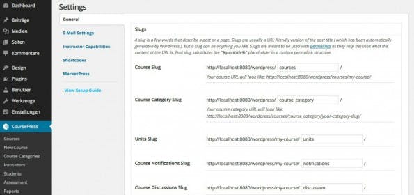 In den CoursePress-Einstellungen gibt es die Möglichkeiten, alle generierten URLs anzupassen. (Screenshot: CoursePress)
