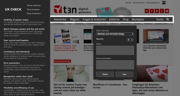 Heuristische Evaluation: UX-Check hilft euch beim Aufdecken von Usability-Problemen. (Screenshot: UX-Check)