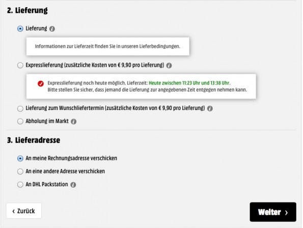 Erst nach erfolgter Anmeldung oder Registrierung im Onlineshop und der Eingabe meiner Adressdaten, kann ich im zweiten Schritt erfahren, ob eine Express-Lieferung möglich ist oder nicht. So wird das nichts, mit Same-Day-Delivery, lieber Media-Markt. (Screenshot: Media Markt)