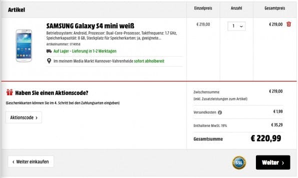 Auch der Warenkorb enthält keinen Hinweis auf eine mögliche Expresslieferung. Oder eine Unmögliche.(Screenshot: Media Markt)