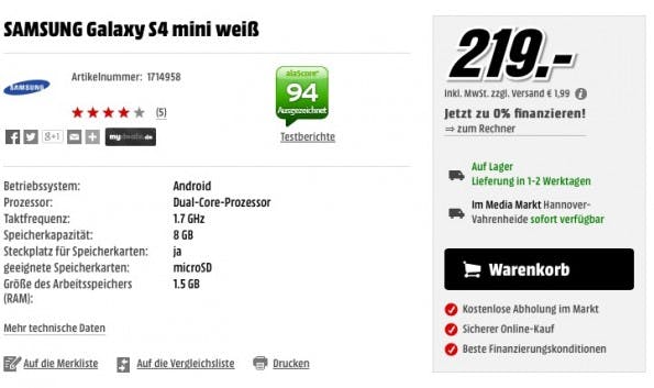 Im Gegensatz zu Saturn liefert Media Markt gar keine Möglichkeit, die Verfügbarkeit vorab zu prüfen. Der Kunde ist auf seine Kombinationsgabe angewiesen – siehe Tipp unter diesem Bild. (Screenshot: Media Markt)