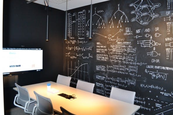 Der Besprechungsraum „Algorithm“. An den Wänden sind Teile einer Formel zu sehen, die bei Klarna im Geschäftsalltag genutzt wird. Alle Besprechungsräume sind thematisch eingerichtet. (Foto: Jochen G. Fuchs)