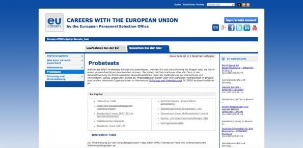 Tests für die Assessment-Center gibt es online. (Screenshot: europa.eu)
