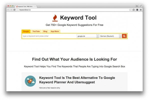 Eine gute Alterantive zu Ubersuggest: Keywordtool.io. (Screenshot: keywordtool.io)
