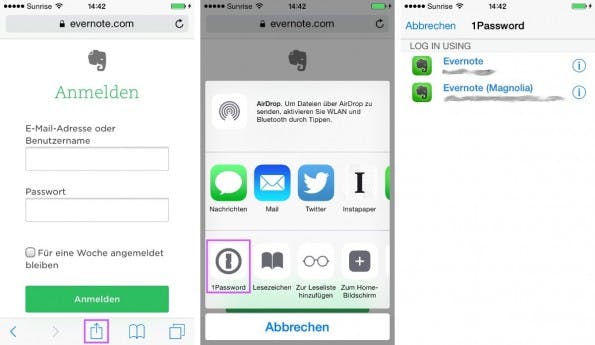 Eine App ruft eine andere auf: Einfüllen der Login-Daten auf einer Webseite (iOS). (Bild: Andreas Weder)
