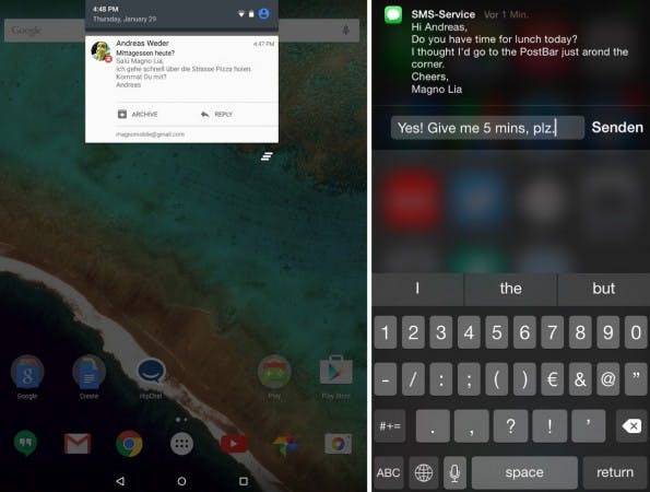 Apps zu Diensten im Nachrichtenstrom: Reagieren und direktes Antworten auf eine Meldung (Android, iOS). (Bild: Andreas Weder)