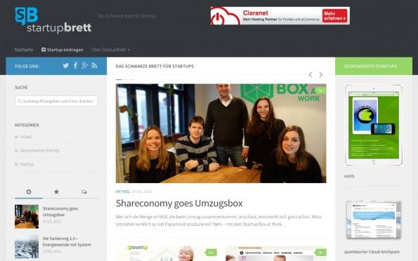 Die Startseite von StartupBrett.de zeigt Gastbeiträge prominent an.