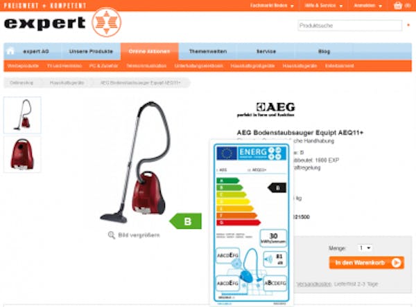 Vom Pfeil zum Label - die Umsetzung der Energielabel-Verordnung bei expert.de (Screenshot: expert.de)